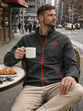 The North Face Full Zip Jacket Men’s L Gray Red Softshell Fleece Lightweight